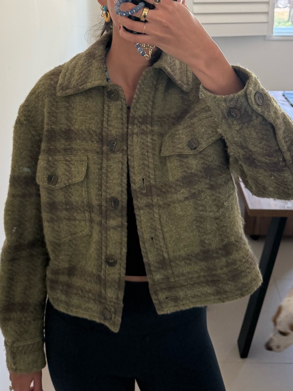 Aritzia Wilfred Olive Green Plaid Wool-Blend Shacket